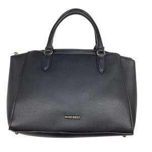 Nine West Josie Black Satchel Handbag Purse Pebble Vegan Leather Modern Classic